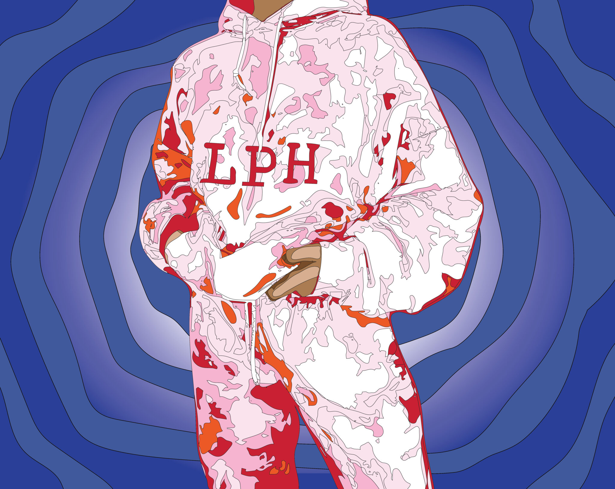 Illustration of a pink tie-dye loungewear set with the LPH logo across the front of the hoodie.