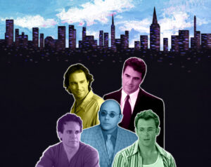 Digital collage featuring photographs of the 5 male characters from Sex and The City layered on top of the New York skyline.