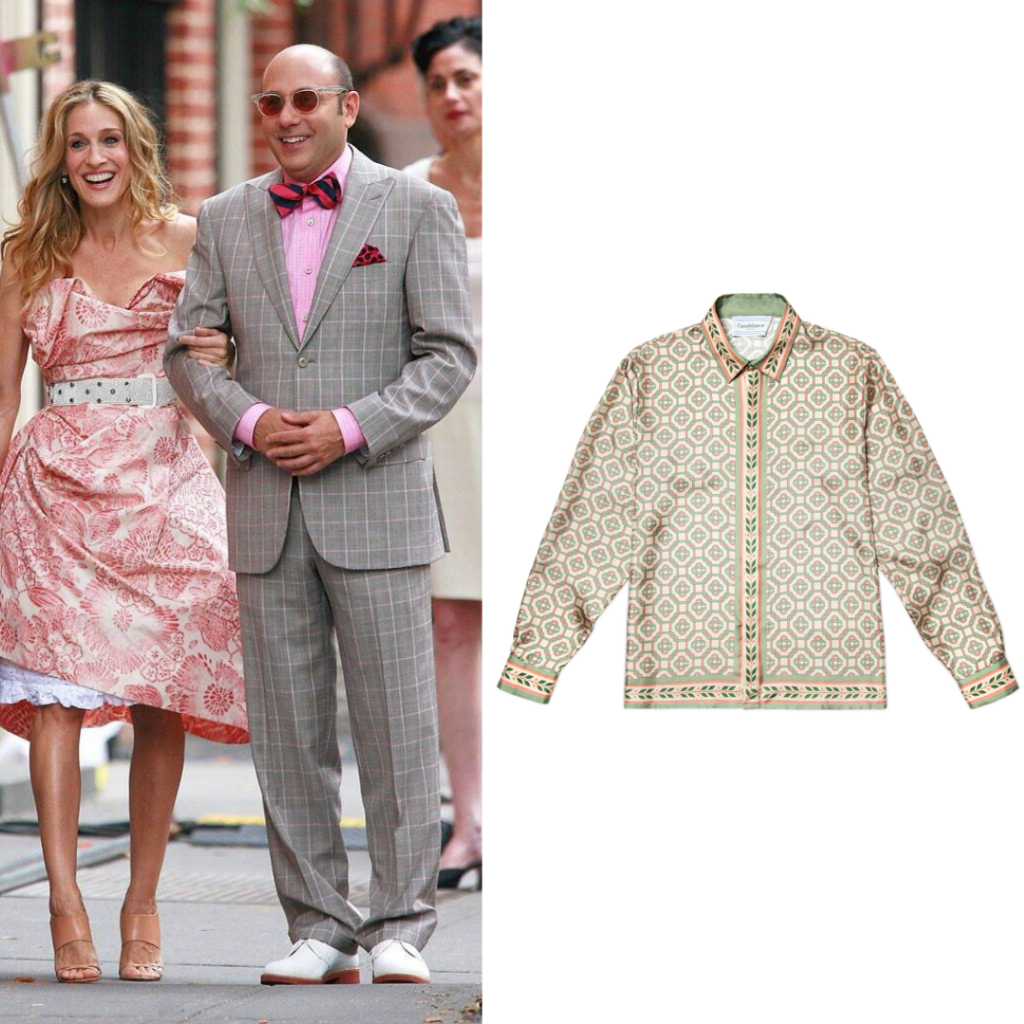 To the left: Stanford and Carrie; to the right: Light Laurel Monogram Silk Shirt, by Casablanca