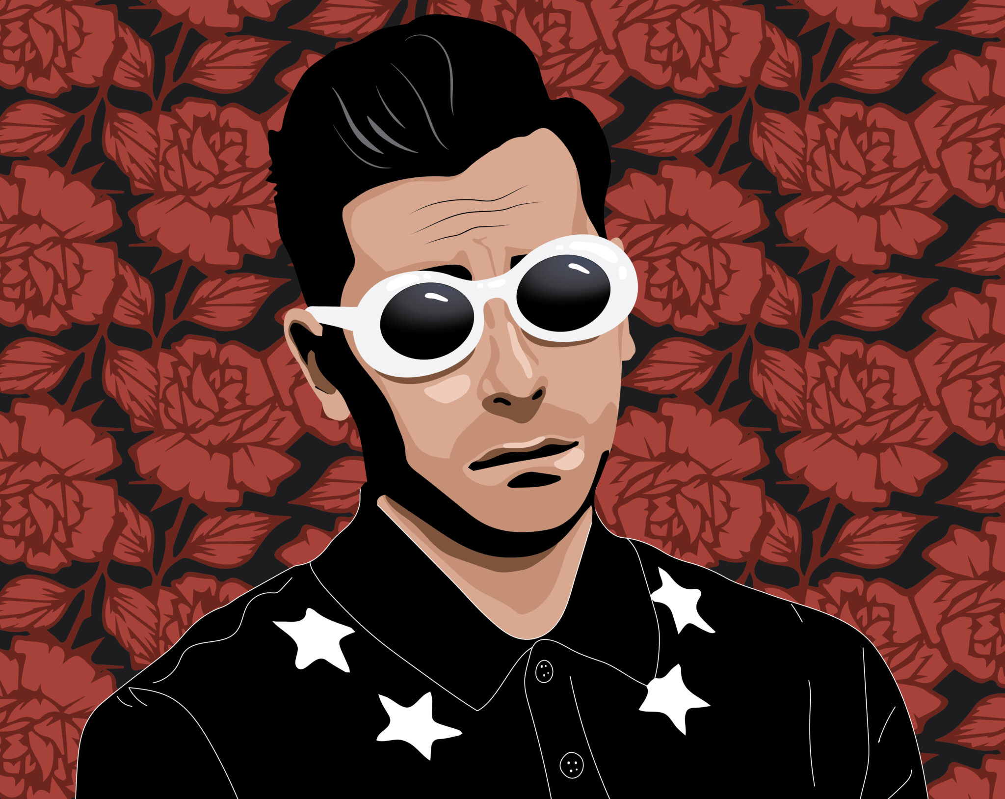 Digital illustration of David Rose from Schitt’s Creek, wearing white sunglasses and a black Givenchy polo shirt with stars at the collar.