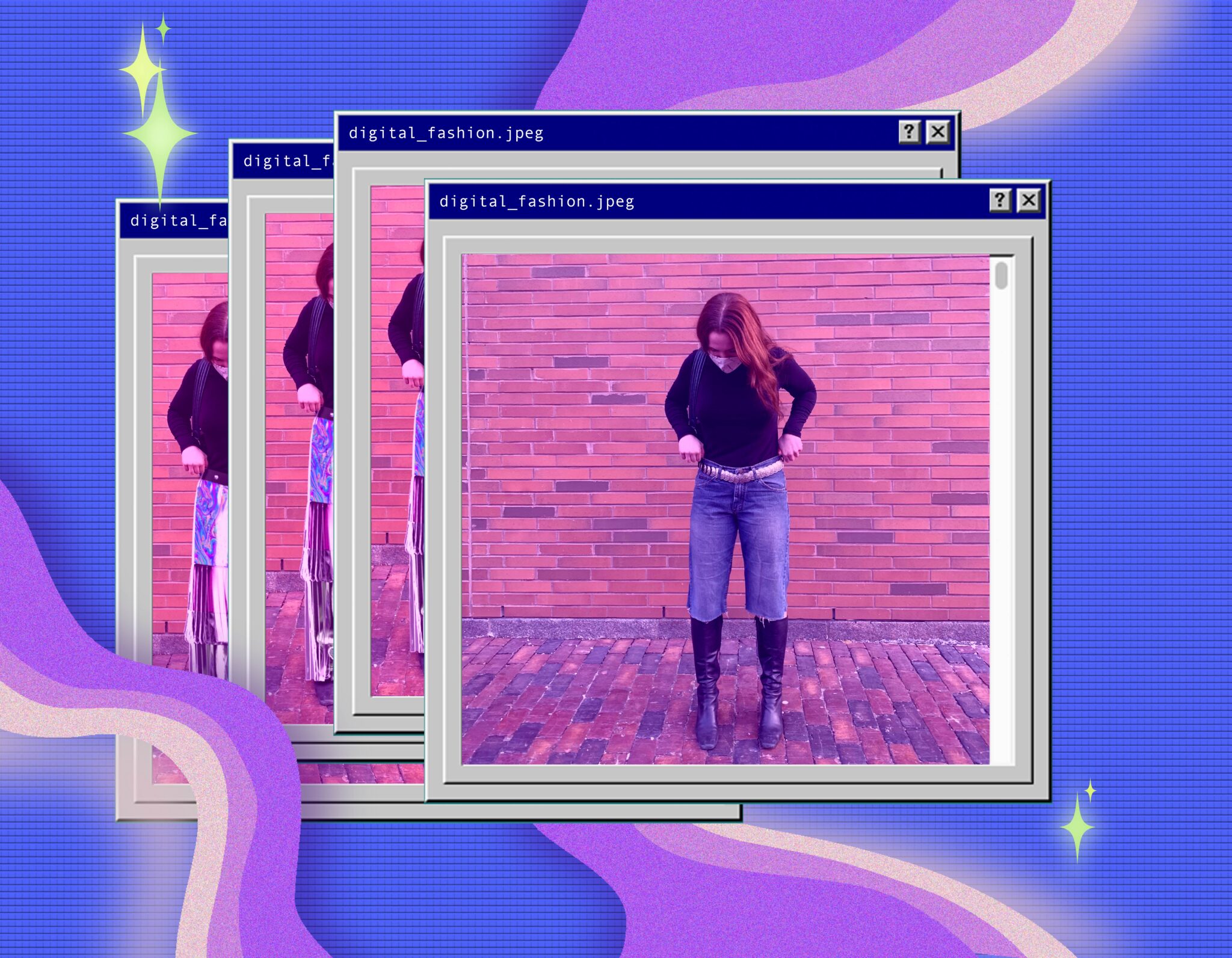 Digital composition rendering an early 2000’s computer screen, featuring the photo of the author used to try on digital fashion.