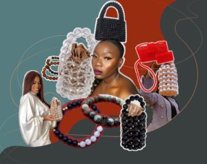 Photo collage featuring various Ashabi beaded bracelets and bags.