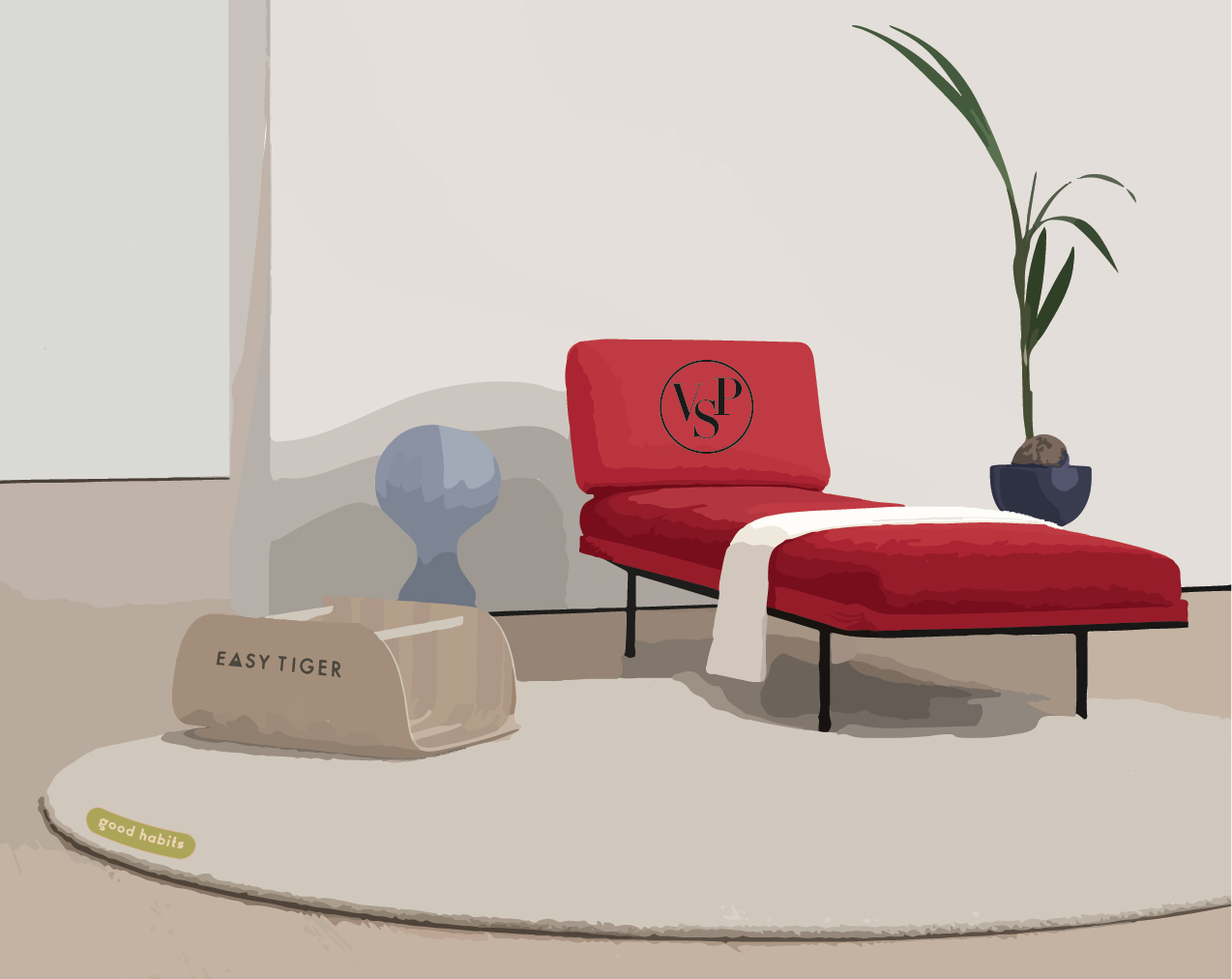Illustration of a home minimalist space, featuring a red seat, round white rug and a potted plant.