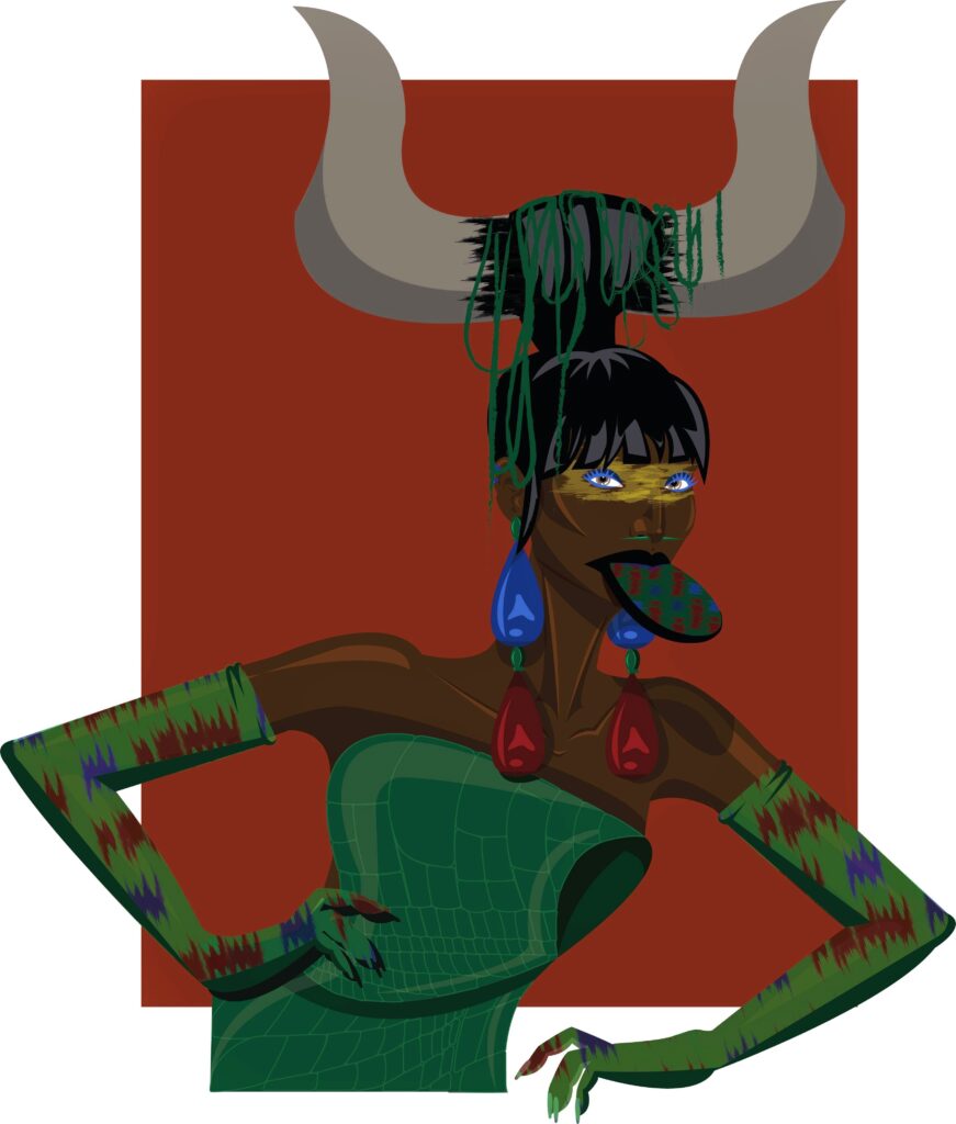 Digital illustration inspired by the Mursi Tribe, of a woman wearing a green dress, bold jewellery and horns on her head.
