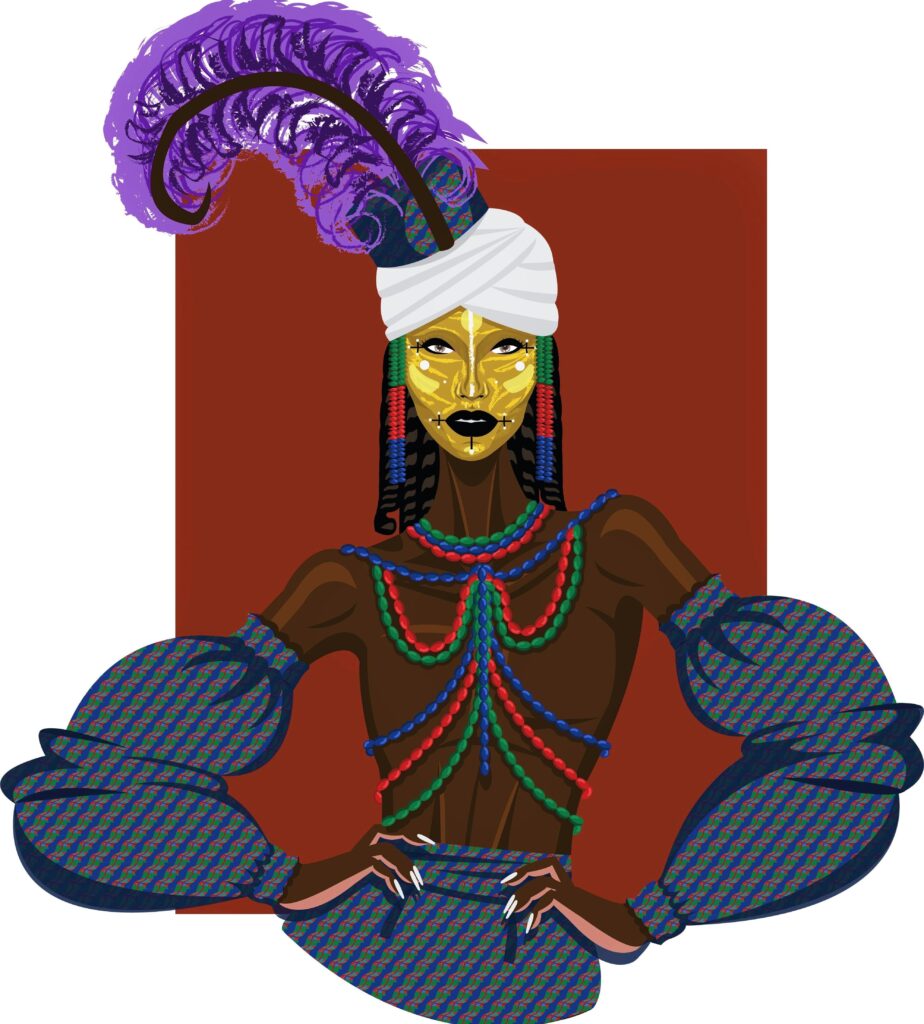 Digital illustration inspired by the Wodaabe Tribe, of a woman wearing colourful beads, yellow face paint and a large purple feather on her head.