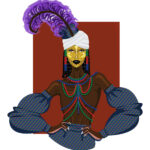 Digital illustration inspired by the Wodaabe Tribe, of a woman wearing colourful beads, yellow face paint and a large purple feather on her head.
