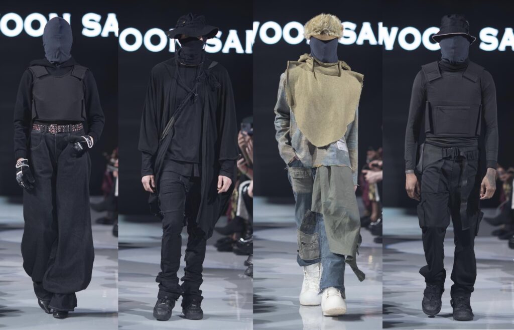 Four different outfits at the fashion show. All black looks with one lighter distressed cream and denim look walk the runway. 